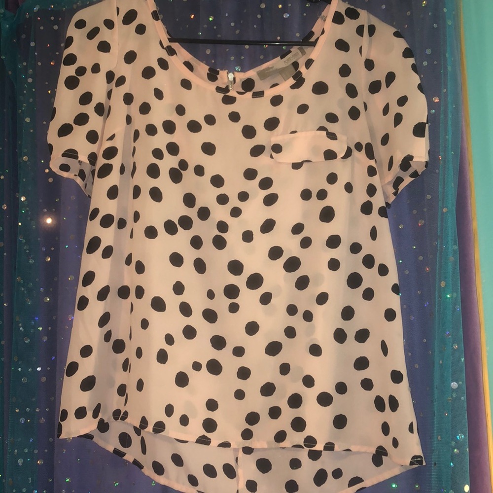 Pink and black polkadot top